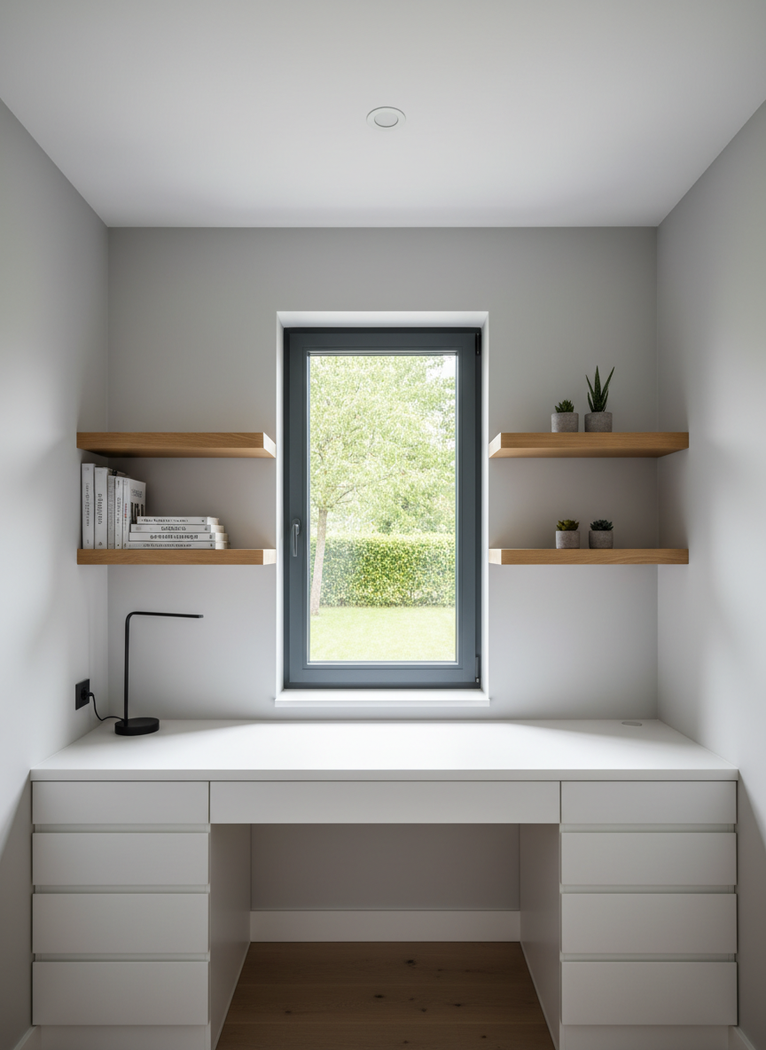 A quiet, dedicated home office or study space in a Hasselt family home, featuring a built-in white desk spanning the width of a niche beneath a large window with an anthracite frame. The desk surface is flawless, with a subtle matte finish, supported by handleless drawers that align seamlessly with the wall. Floating shelves in warm oak run above the desk, perfectly level and evenly spaced, contrasting gently with the smooth light-grey wall behind them. Natural daylight from outside illuminates the work surface, while a discreet recessed ceiling spotlight adds soft, directional light, creating minimal shadows. Photographic realism, shot from a frontal eye-level angle, keeps the composition balanced and the depth moderate. The atmosphere is focused, orderly, and professional, highlighting the practical, instapklare functionality of the property for modern living and working.