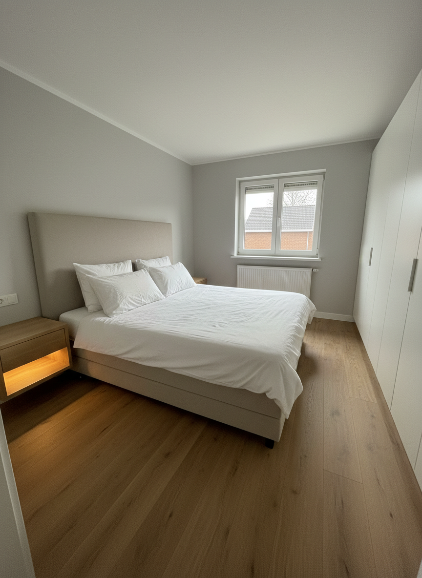 A spacious, neutral master bedroom in a Hasselt family home, showcasing a large boxspring bed with a light-beige upholstered headboard, crisp white bedding, and two sleek floating nightstands with integrated LED strip lighting underneath. The room has smooth, freshly painted light-grey walls and warm oak laminate flooring, with a wall of built-in wardrobes featuring handleless white doors that reflect soft morning light from a wide window. A simple, modern radiator sits neatly under the window, emphasizing functional comfort. Photographic realism, shot from a diagonal angle at eye level, shows the full length of the room with sharp focus and balanced composition. The lighting is gentle and diffuse, creating a serene, hotel-like atmosphere that feels move-in ready and professionally presented for sale.