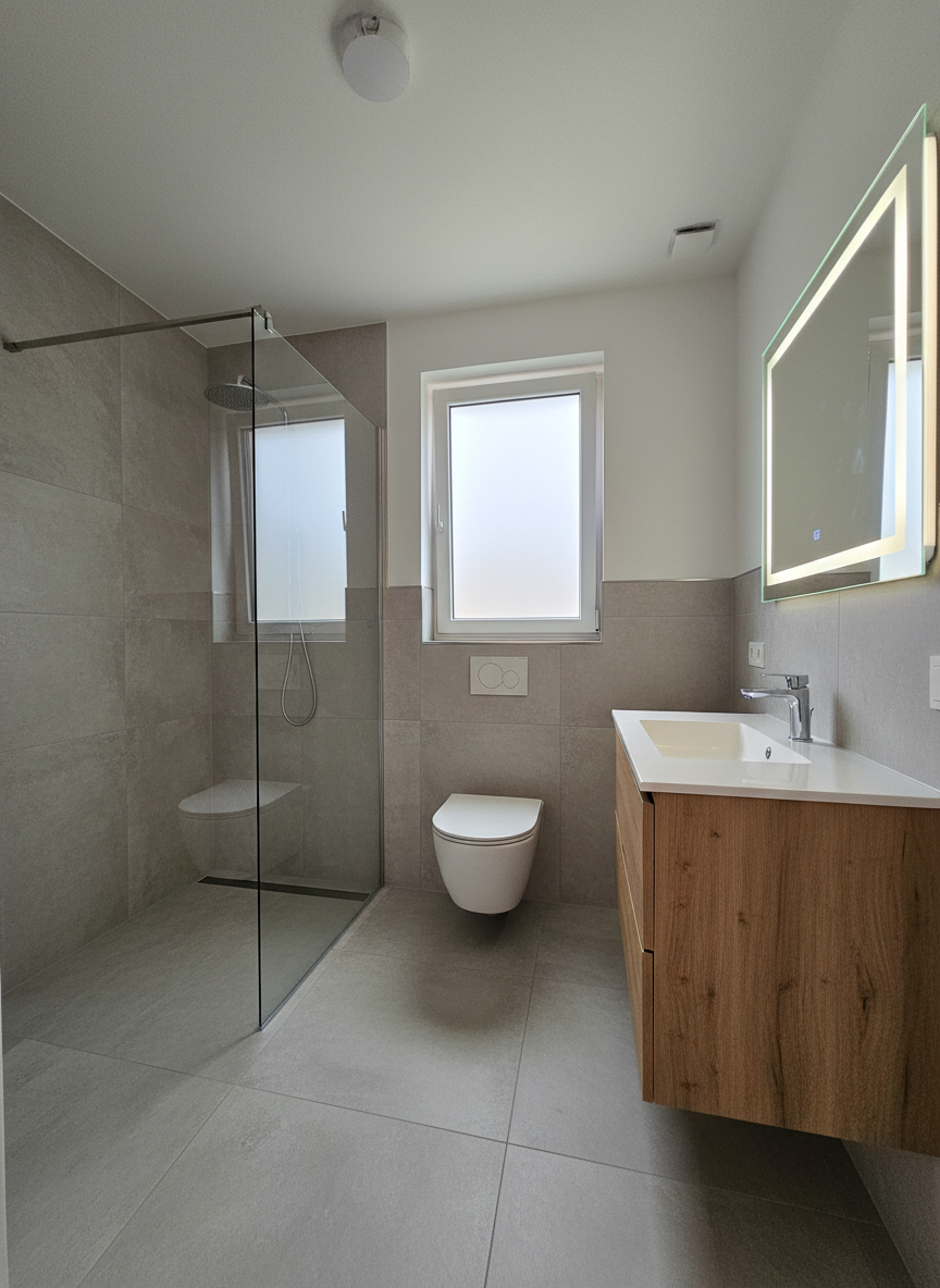 A sleek, renovated bathroom in a Hasselt family home, featuring a walk-in shower with a frameless glass wall, large-format light-grey stone-look tiles on the floor and shower wall, and a wall-mounted white ceramic toilet with a concealed cistern. A floating vanity unit in warm oak veneer supports a rectangular white countertop basin, paired with a brushed steel single-lever tap. Above, an illuminated mirror emits a soft, even glow, complementing the diffused daylight entering through a frosted tilt-and-turn window. Photographic realism at eye level, with a slightly wide lens, captures both shower and vanity in balanced composition and sharp detail. The atmosphere is hygienic, modern, and spa-like, underlining the instapklare nature of the property for discerning buyers in a sought-after Hasselt neighborhood.