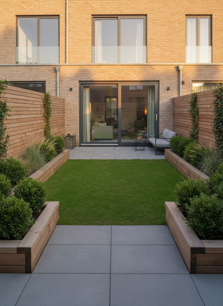 A compact yet well-organized city garden behind a Hasselt gezinswoning, featuring a neat rectangular terrace in large-format grey concrete tiles leading to a small, evenly trimmed lawn bordered by low wooden planters filled with evergreen shrubs. The rear facade of the house shows large sliding glass doors and clean brickwork, emphasizing the connection between indoor and outdoor living. Early evening golden hour light bathes the terrace and grass in a warm glow, creating soft, elongated shadows from the planters and fencing. Captured in photographic realism from a slightly elevated viewpoint near the back of the garden, the composition looks toward the house, highlighting privacy and usability. The atmosphere is peaceful and low-maintenance, ideal for a family, clearly conveying the property’s outdoor appeal in a professional real estate style.