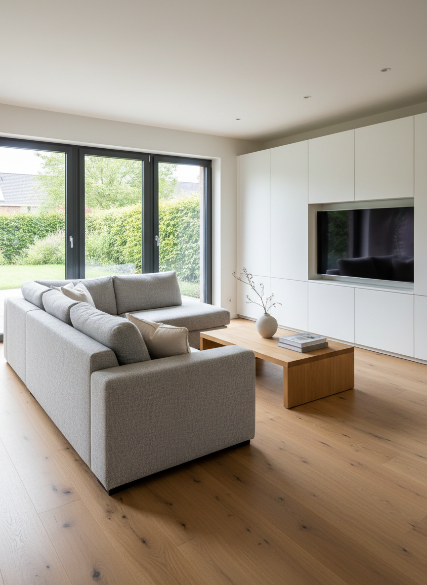A bright, instapklare living room of a Hasselt family home, featuring a large L-shaped light-grey fabric sofa, a low oak coffee table with a matte finish, and a sleek built-in media wall with closed white cabinetry and a recessed TV niche. Wide-plank oak flooring runs seamlessly across the space, meeting smooth off-white walls and tall tilt-and-turn windows with anthracite frames. Soft, diffused daylight pours in, creating gentle reflections on the floor and subtle shadows under the furniture. Shot from a slightly elevated corner angle with photographic realism, the composition shows the full depth of the room toward the garden, maintaining sharp focus. The atmosphere is warm, orderly, and move-in ready, conveying a professional real estate impression of comfort and functionality without clutter.