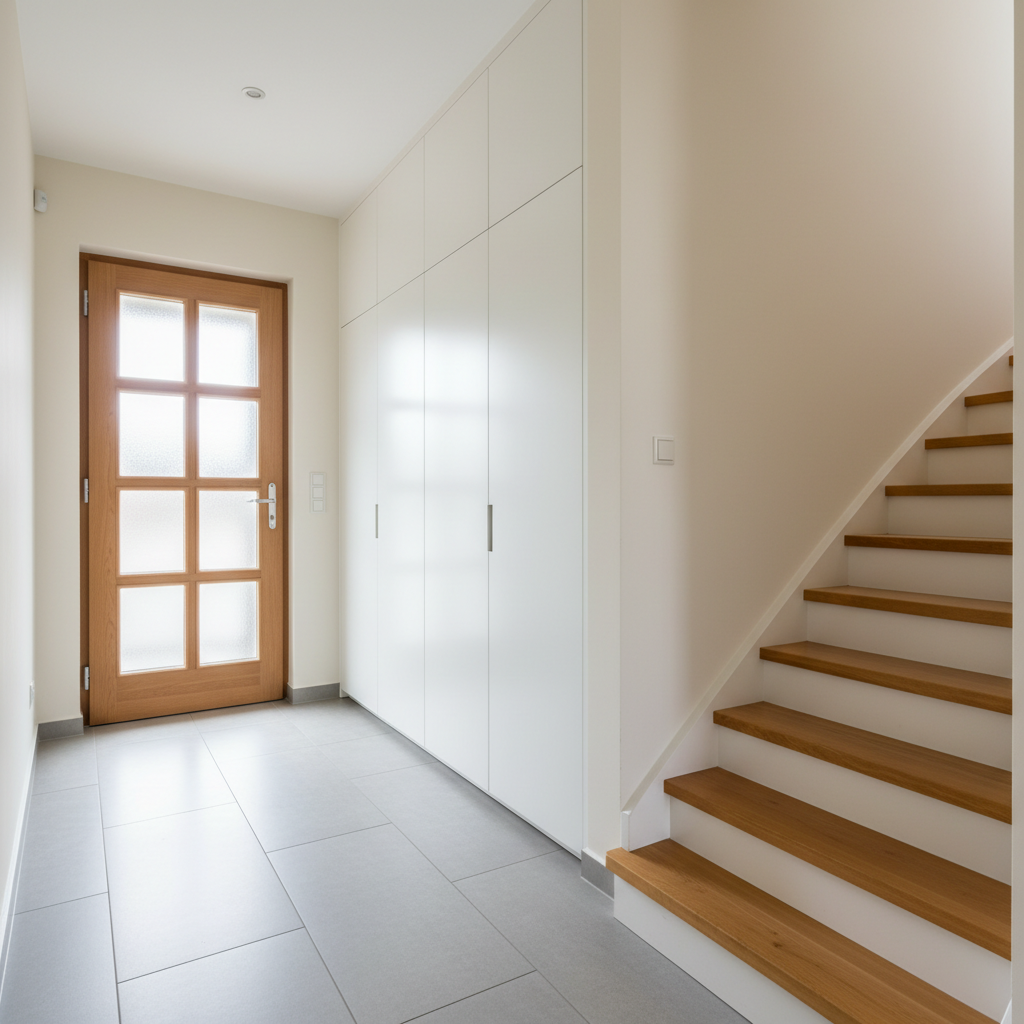 A tidy, functional hallway of a Hasselt gezinswoning, showing a solid oak front door with frosted glass inserts, smooth off-white walls, and a straight staircase with white risers and warm oak treads leading to the upper floor. A built-in coat closet with handleless white doors provides storage along one wall, while large light-grey ceramic tiles cover the floor, reflecting the natural daylight that filters through the front door’s glass. Photographic realism at eye level, captured from the base of the stairs facing inward, emphasizes depth and flow toward the living areas. The lighting is bright yet soft, with minimal shadows, creating a welcoming, professional first impression. The mood is organized and inviting, conveying the readiness of the home for immediate occupation and appealing to families seeking a well-maintained property.