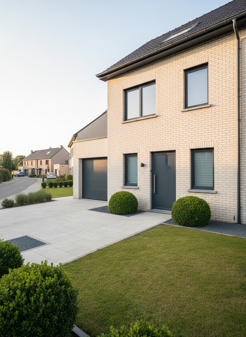 A contemporary Belgian family home facade in Hasselt, perfectly maintained pale brick with anthracite window frames and a sleek insulated front door. The house stands on a neat, narrow street in a sought-after residential neighborhood, framed by two trimmed boxwood hedges and a clean paved driveway leading to a single garage. Late afternoon natural light casts soft, warm highlights on the brickwork and subtle shadows under the eaves, emphasizing the property’s cared-for look. Captured at eye level in photographic realism, with sharp focus throughout, the composition uses the rule of thirds to show the front garden, entrance path, and street context. The mood is calm, professional, and inviting, clearly presenting an instapklare gezinswoning ready for sale.