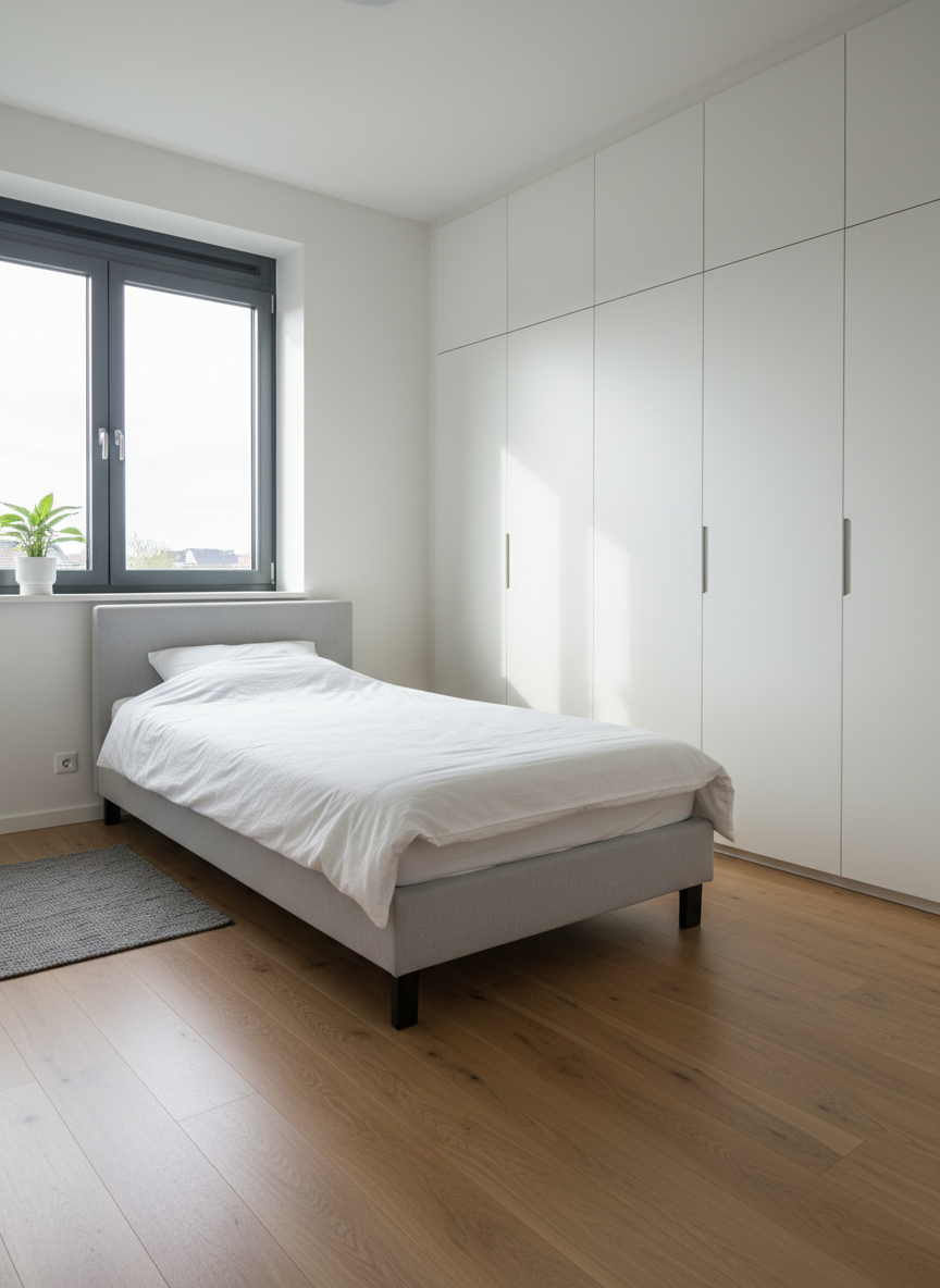 A bright children’s or guest bedroom in a Hasselt gezinswoning, designed in a neutral, move-in ready style with smooth white walls, light oak laminate flooring, and a simple single bed with a pale grey upholstered frame and crisp white linens. A built-in wardrobe with matte white doors lines one wall, providing ample storage while maintaining a clean look. A large tilt-and-turn window with an anthracite frame admits soft daytime light, casting gentle shadows across the floor and creating a sense of spaciousness. Photographic realism, shot from a corner at eye level, captures the full breadth of the room with sharp focus and an uncluttered composition. The mood is calm, flexible, and clearly prepared for immediate occupation, ideal for professional real estate presentation of a four-bedroom family home.
