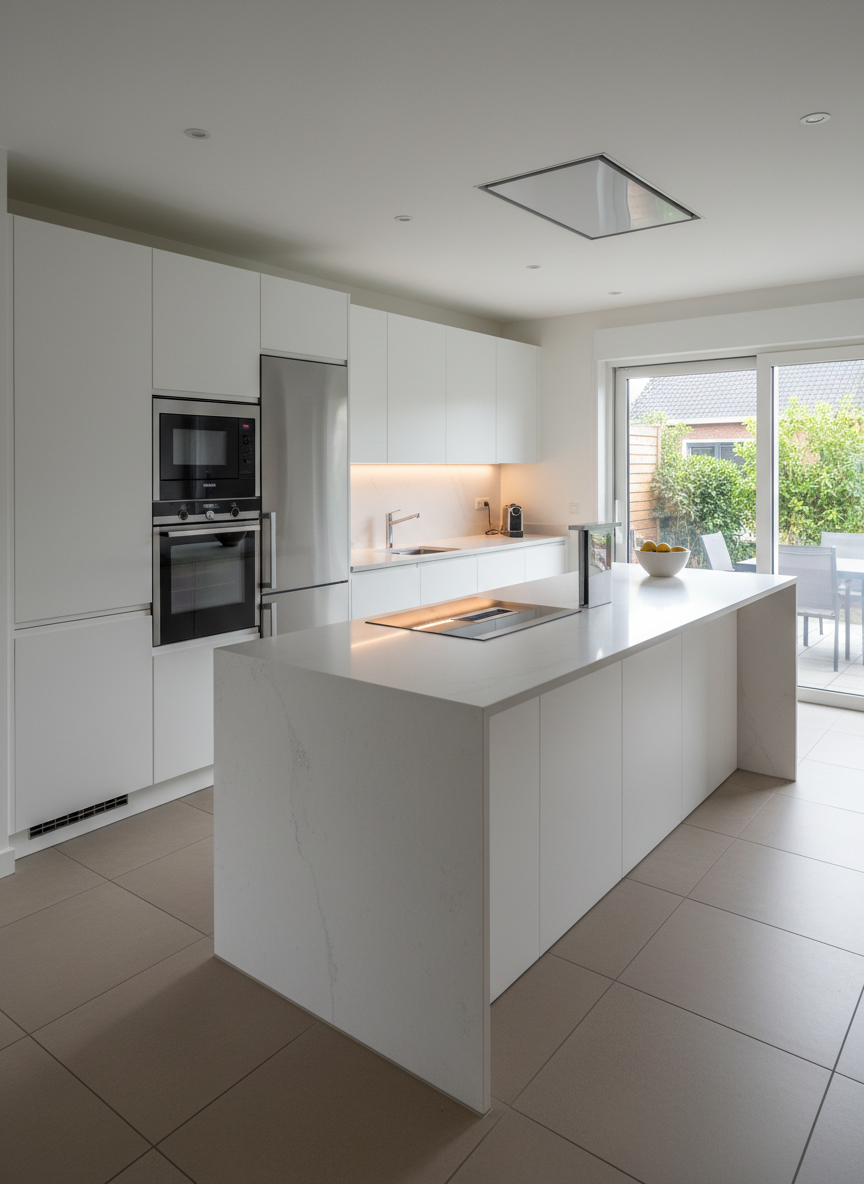 A modern, fully equipped open-plan kitchen in a Hasselt gezinswoning, featuring handleless matte white cabinets, a quartz light-grey worktop with subtle marbling, and a spacious central island with an integrated induction cooktop and discreet downdraft extractor. Stainless steel built-in appliances gleam from a tall unit wall, their surfaces spotless and reflective. Large ceramic floor tiles in a soft taupe tone lead to a sliding glass door overlooking a small, well-kept terrace. Natural daylight from the terrace and under-cabinet LED strips combine to create a bright, professional ambience, with controlled shadows adding depth. Captured at eye level in photographic realism, using the rule of thirds to balance the island and the exterior view. The mood is clean, efficient, and immediately ready for use, emphasizing the instapklare character.